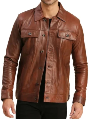 Men Trucker Leather Brown Moto Jacket