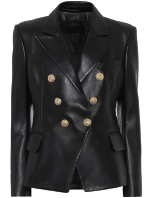 Women Kim Double Breasted Black Leather Blazer