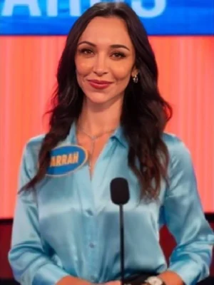 Celebrity Family Feud S11 Farrah Aldjufrie Blue Silk Blouse