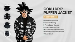 Goku Drip Puffer Jacket Infographic