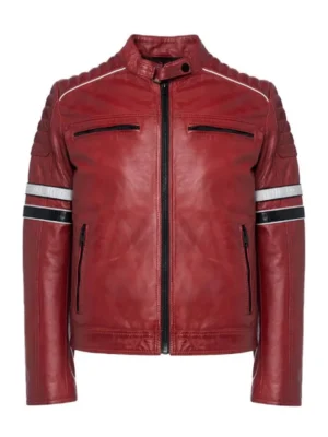 Men Quilted Red Leather Racing Jacket With Stripes
