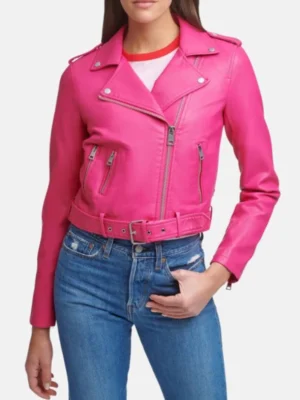 Women Asymmetrical Leather Hot Pink Jacket