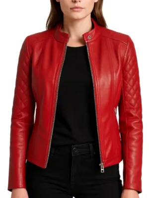 Women Cafe Racer Red Quilted Jacket