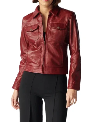 Women Jessica Trucker Red Leather Jacket
