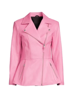 Women Pink Peplum Leather Jacket
